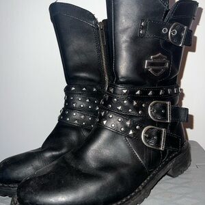 Harley Black Studded Leather Boots with Buckles